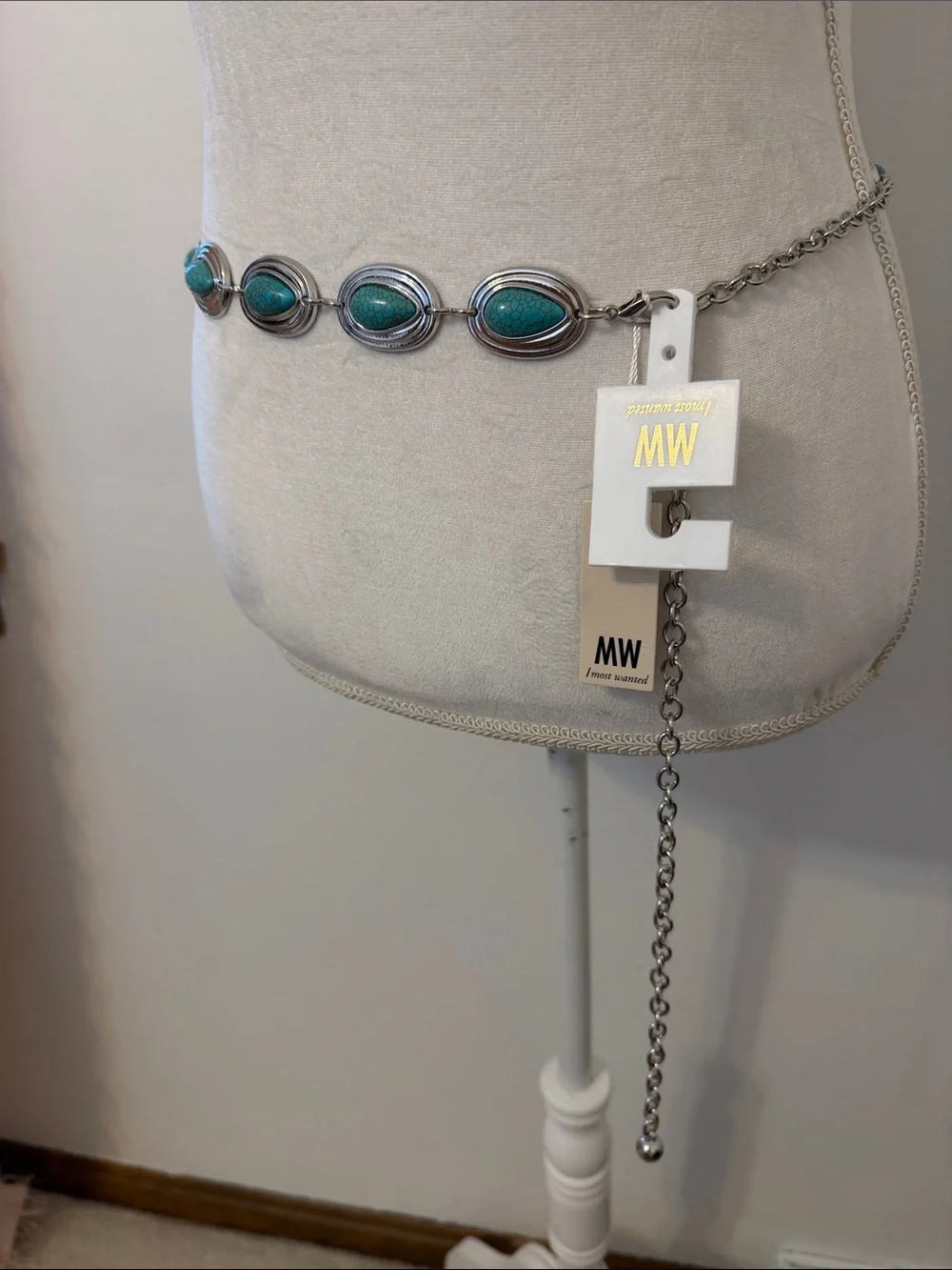 NWT, MW/Most Wanted Turquoise Stone Chain Waist Belt - Silver